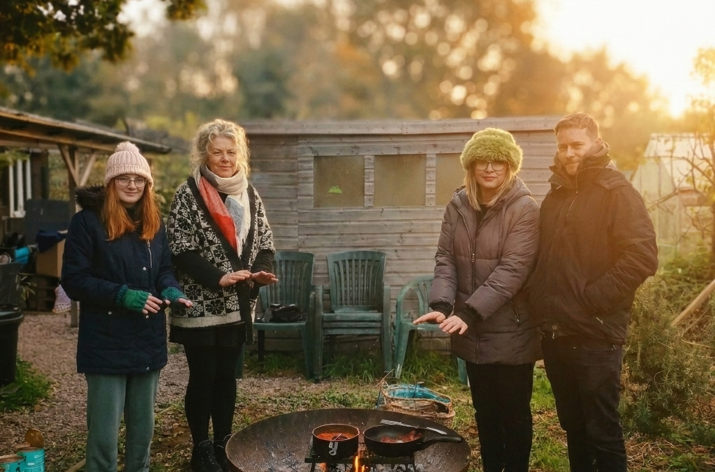 sensing friends staff around the fire